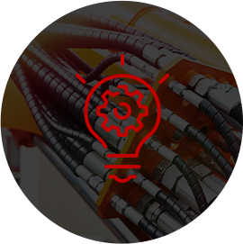 Lightbulb icon on an image of hydaulic hoses being plugged in with a black background